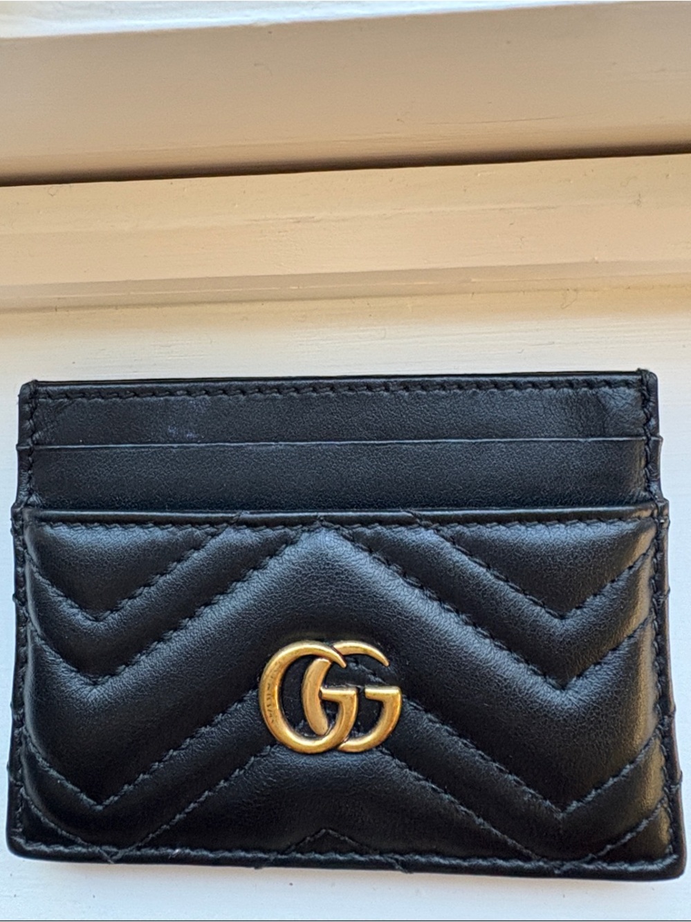 Authentic Gucci Black Chevron Leather Card Holder with Gold Double G by